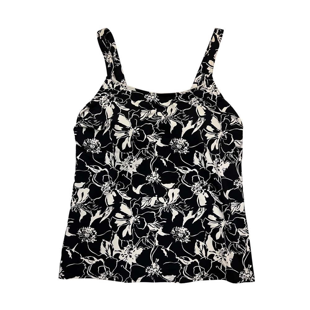 Lands' End Black White Floral Scoop Neck Adjustable Tankini Swim Top Size 12L
